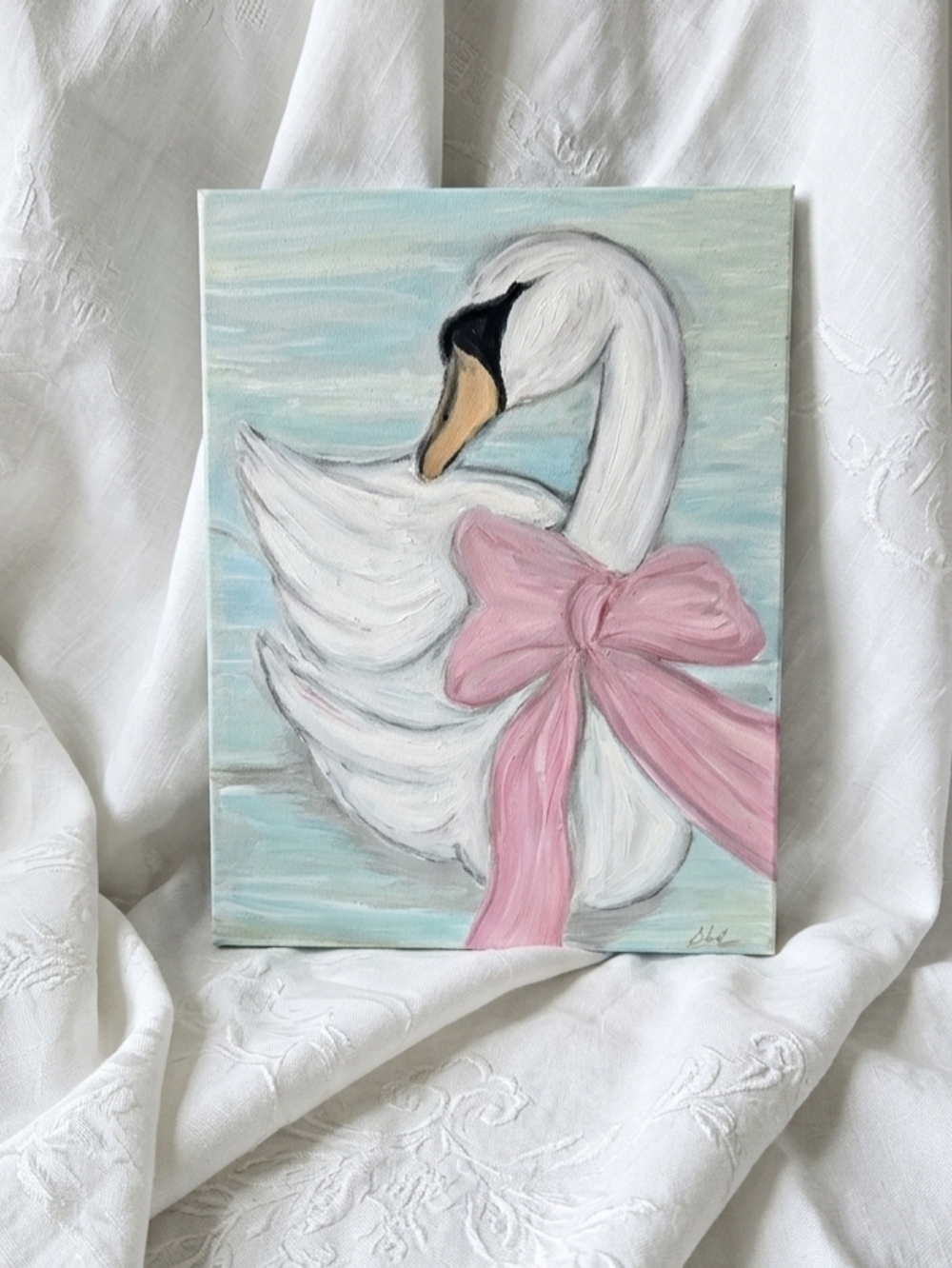 Oil Pastel Swan Canvas Art with Pink Bow - Home Art